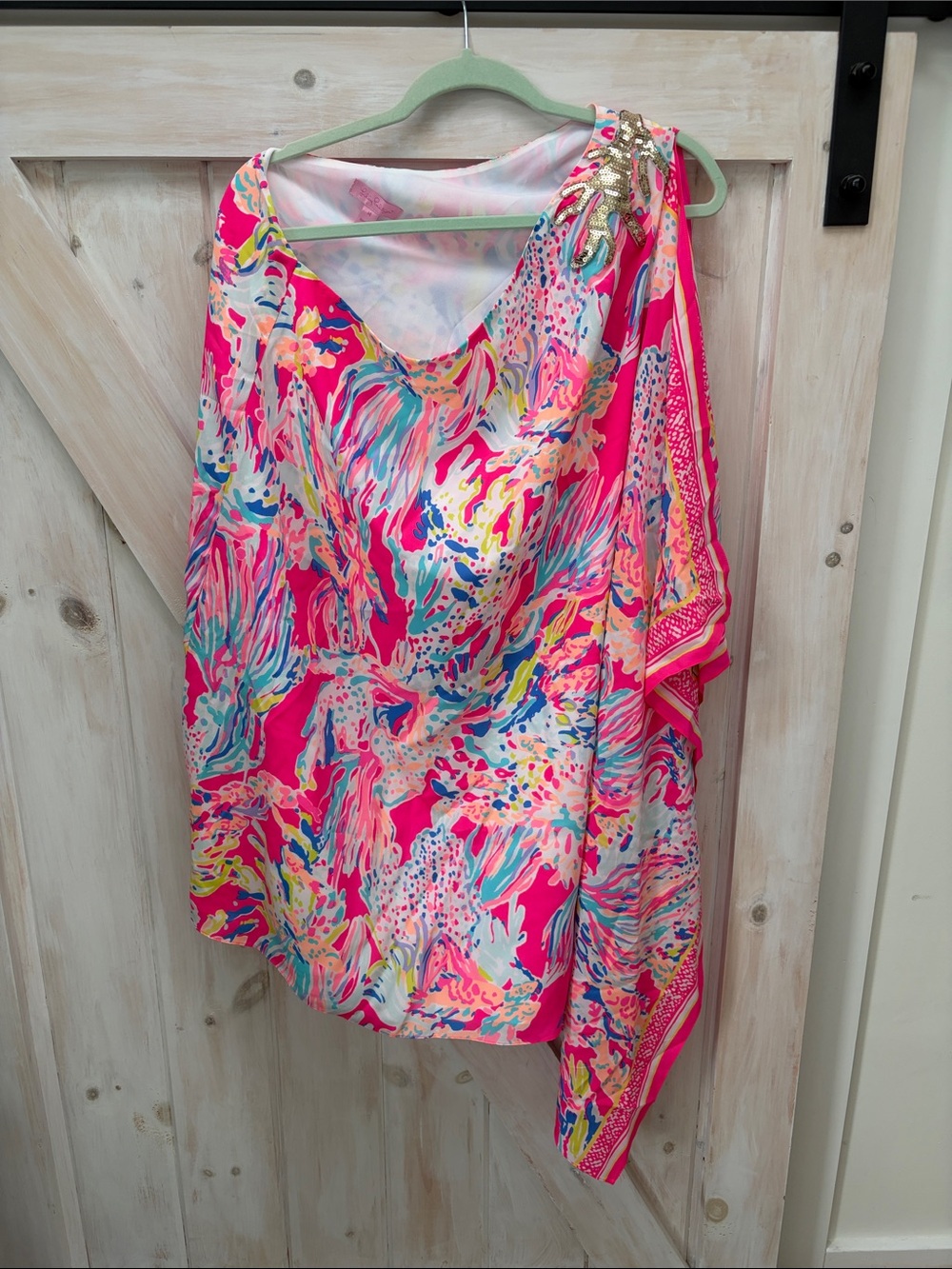 Lilly Pulitzer Bright Pink off the shoulder scarf dress with gold coral sequins